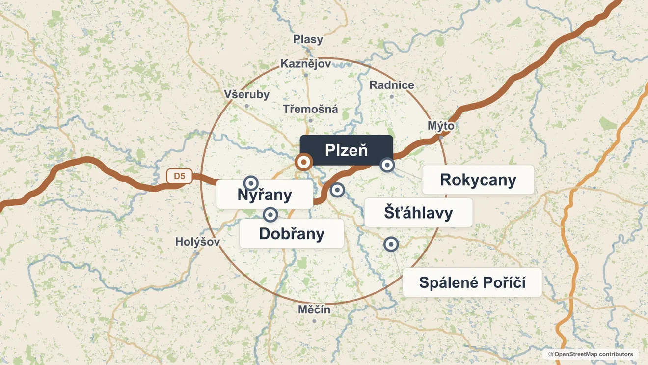 Mapa působnosti na Plzeňsku: Plzeň, Šťáhlavy a okolí